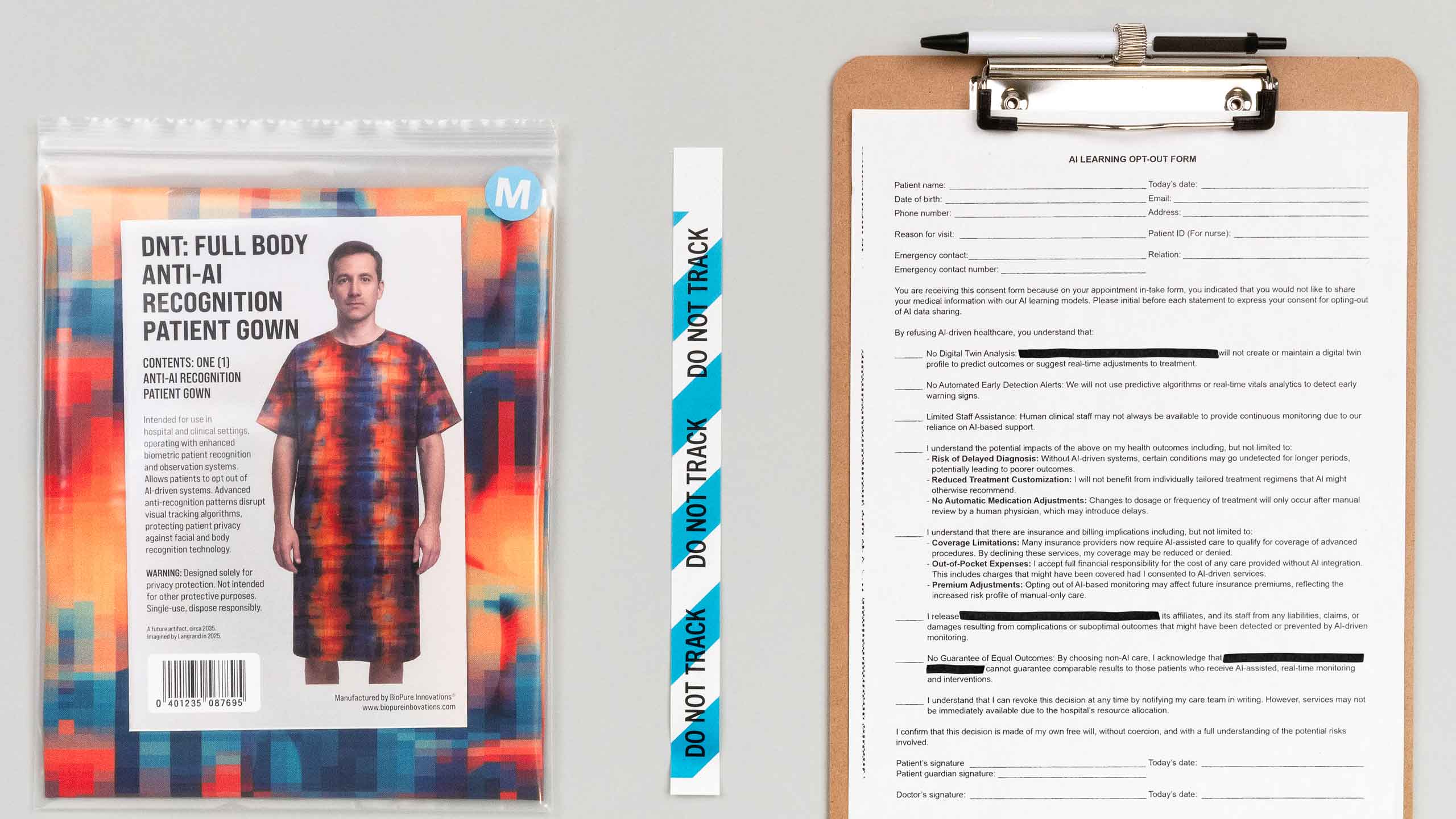 The DNT kit: anti-AI gown, Do-Not-Track band, and paper opt-out form