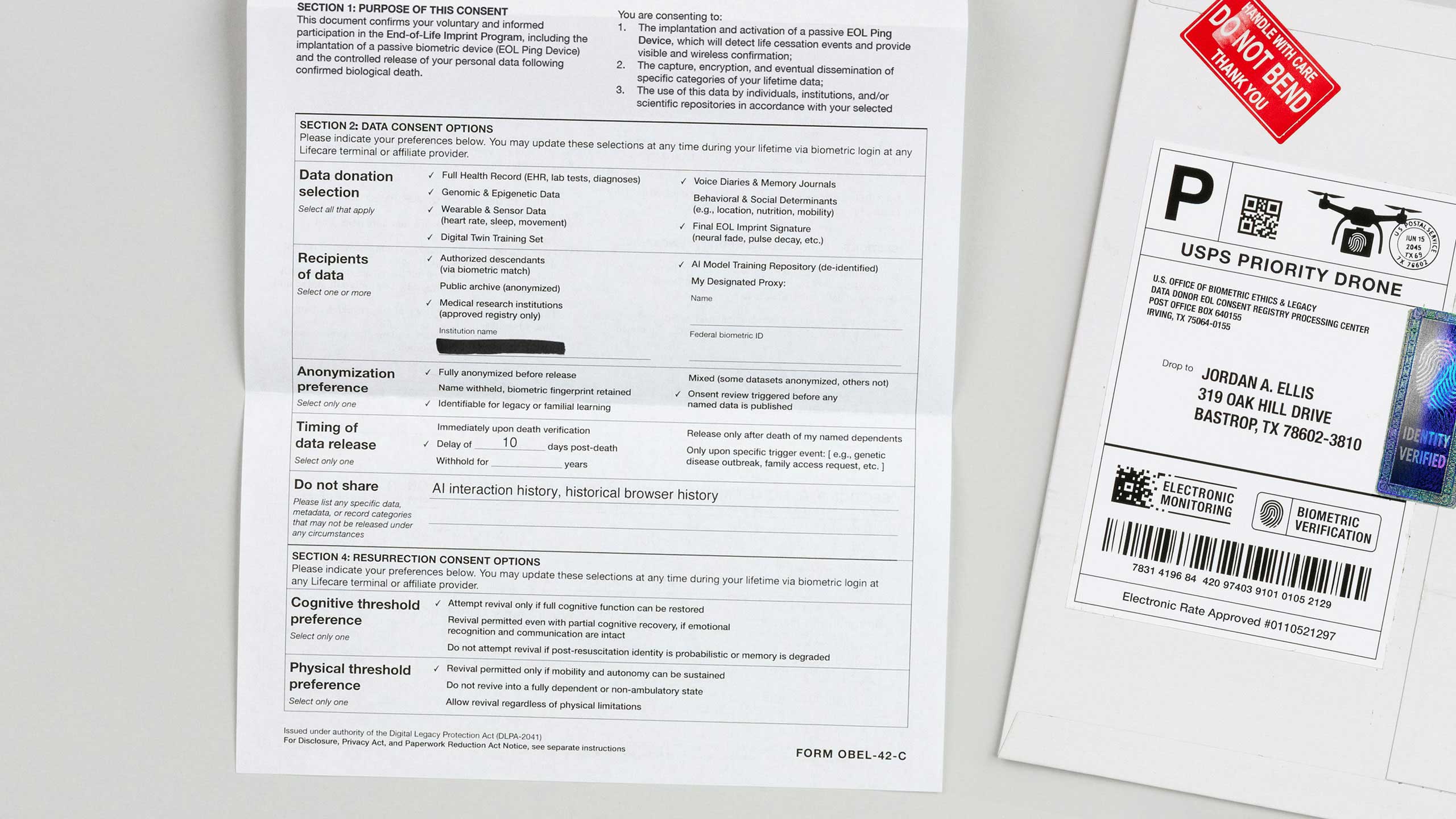 The End-of-Life consent form showing data consent options