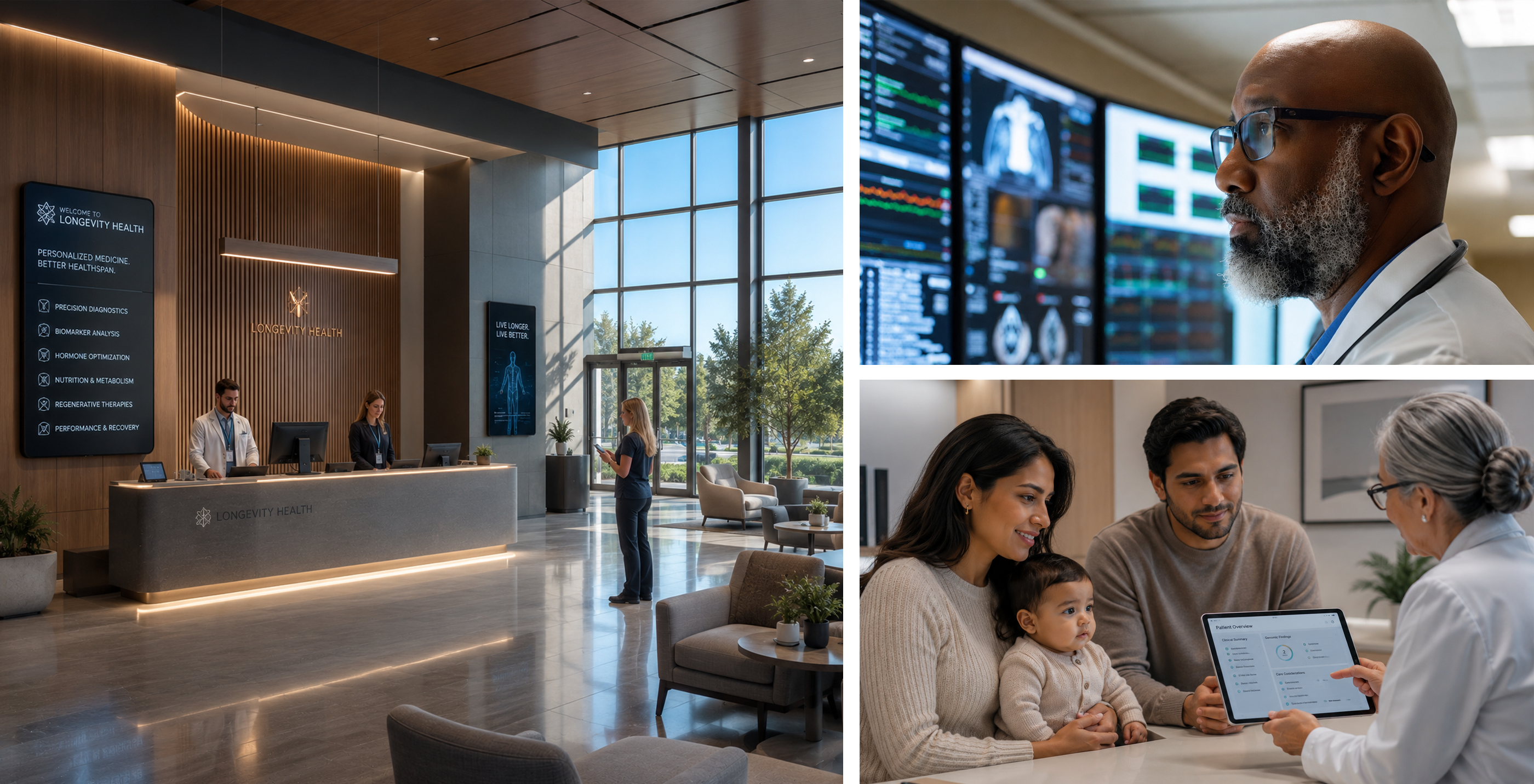 Composite image — a Longevity Health reception, a clinician reviewing physiological dashboards and a family reviewing a clinical summary on tablet with a care provider.