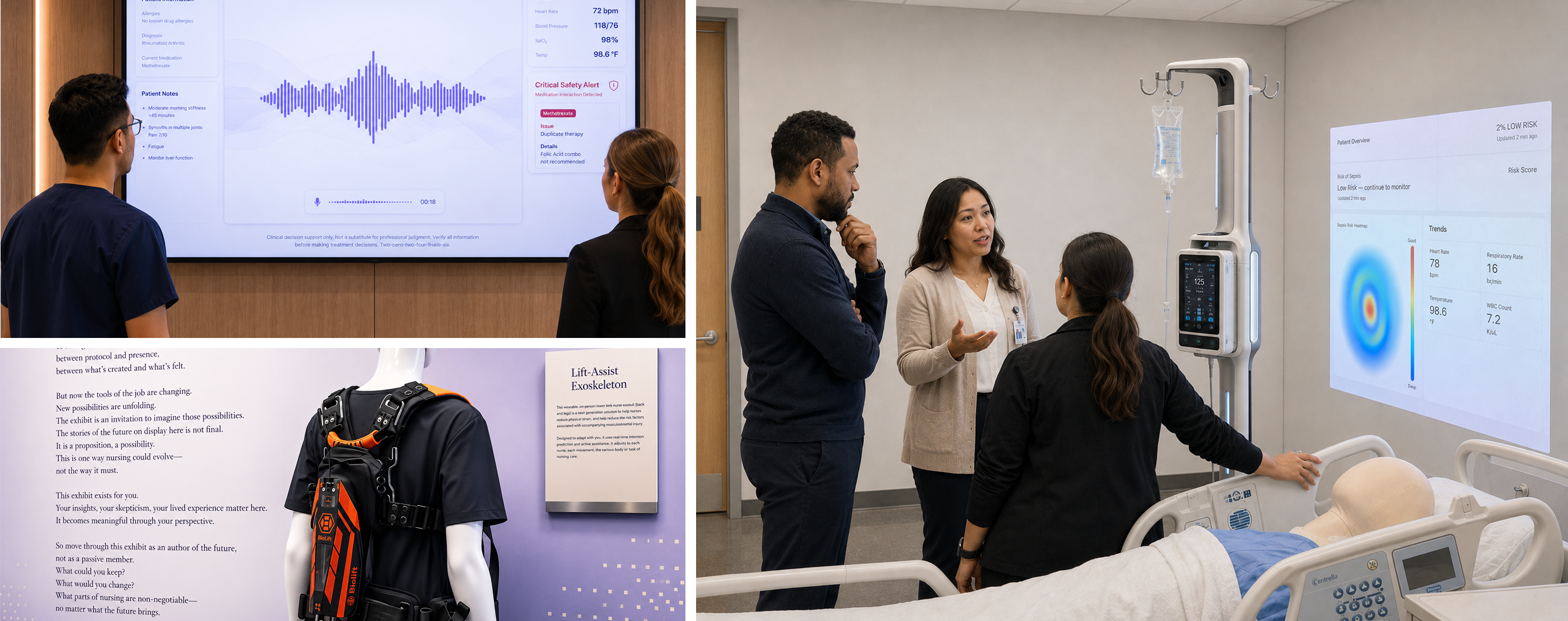 A panoramic view across the prototype environment: an AI-driven clinical decision-support screen on the left, a lift-assist exoskeleton on display in the middle and clinicians in conversation around a robotic infusion stand with an ambient sepsis-risk dashboard projected onto the wall behind them.