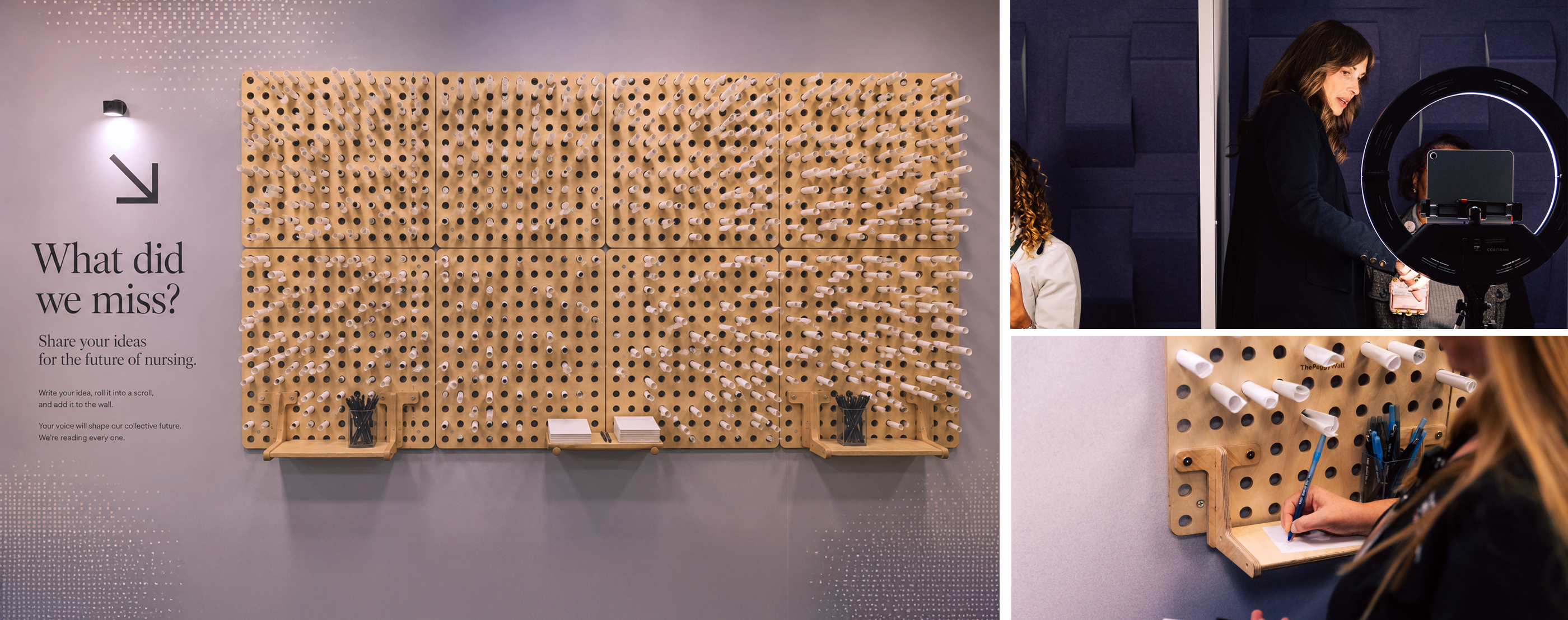 The &lsquo;What did we miss?&rsquo; feedback wall inside the prototype environment: a wooden pegboard covered in rolled paper scrolls left by participants, with stations alongside for writing and recording additional ideas.