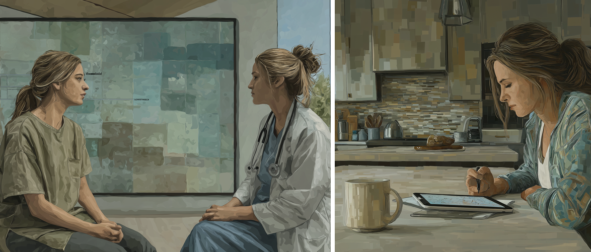 A two-panel scene of communication across care contexts — a clinical conversation in one frame, a person interpreting information at home in the other.