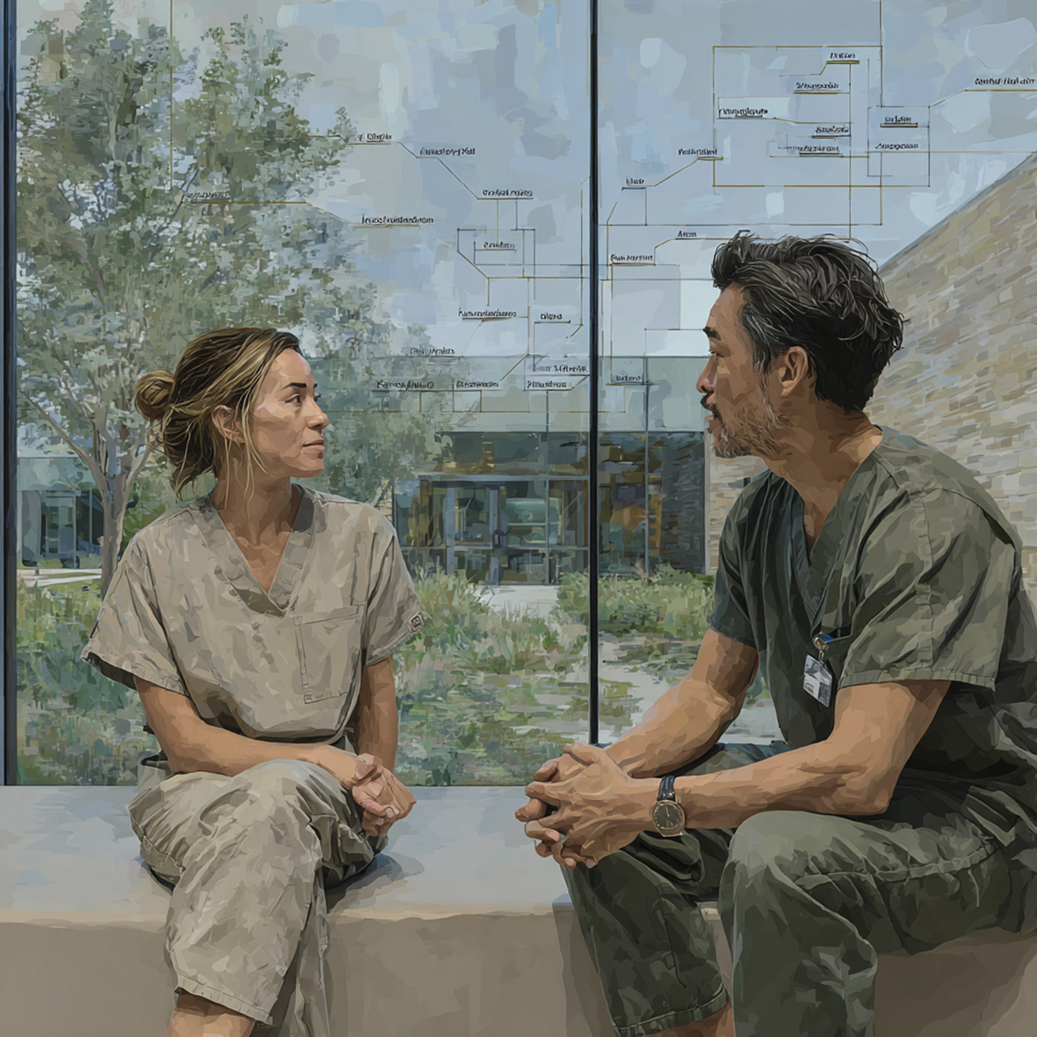 Two people in quiet conversation outside a care facility — a diagram of communication pathways traced into the glass behind them.