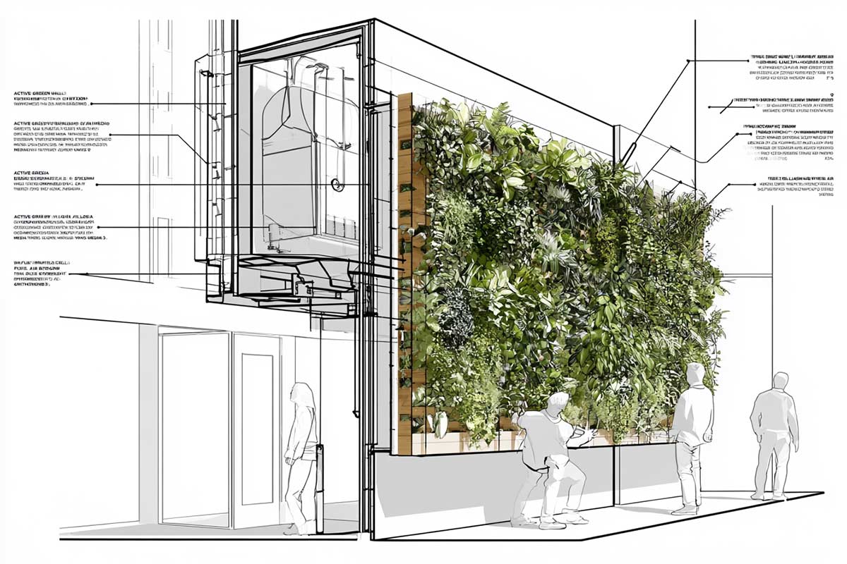 Active green wall drawing air through living media