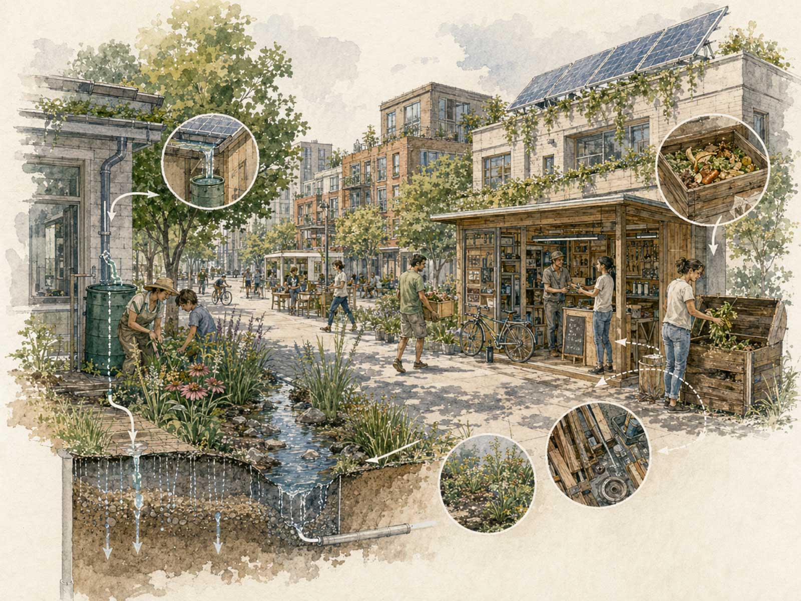 Watercolor of a neighborhood closing its resource loops — rooftop solar, rainwater barrels feeding a rain garden, a tool-and-repair shop and community composting — with detail callouts showing water, materials and reuse.