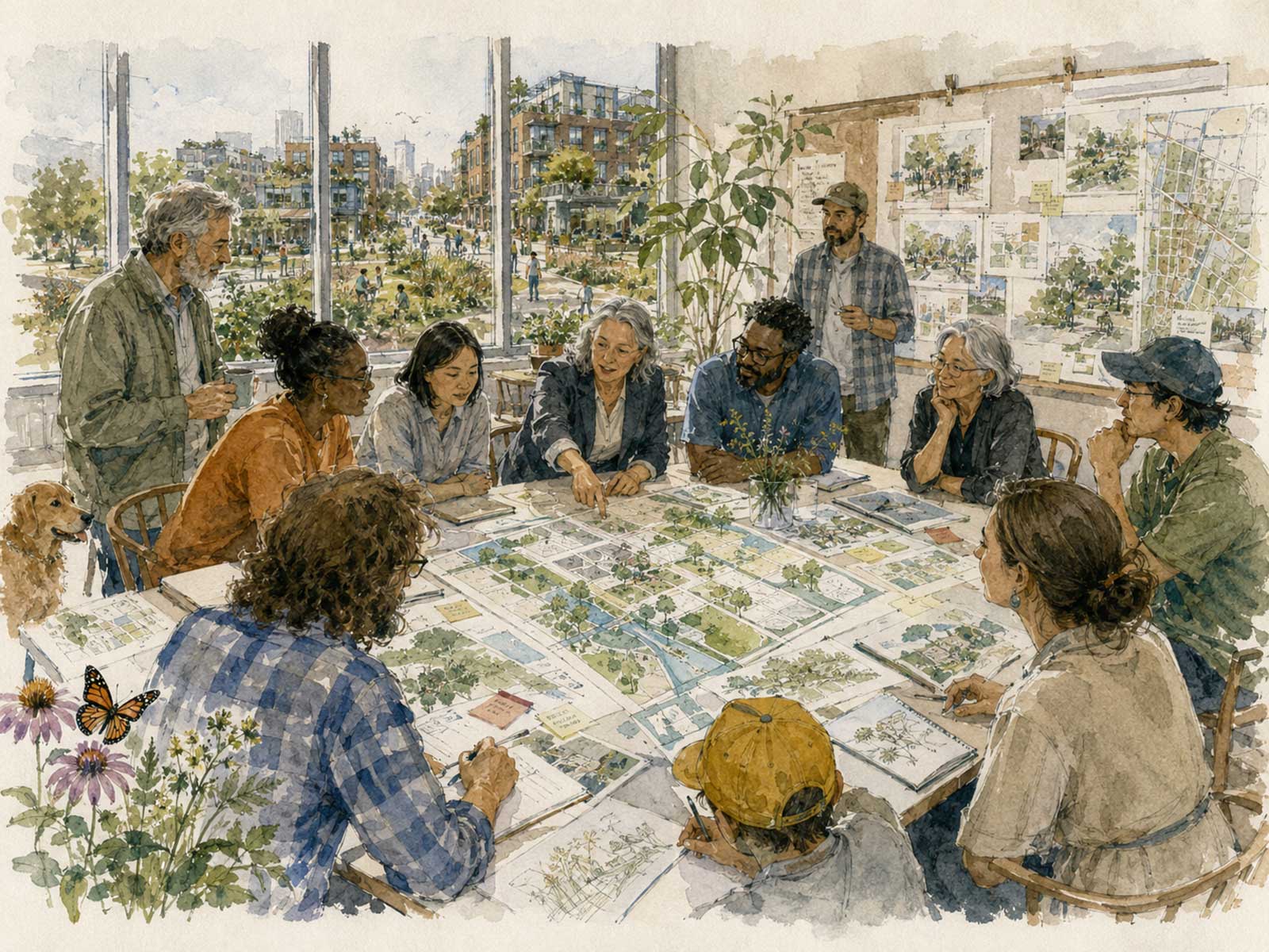 Watercolor of a diverse group gathered around a table covered in neighborhood maps and plans, with a green, revived city visible through the windows behind them.