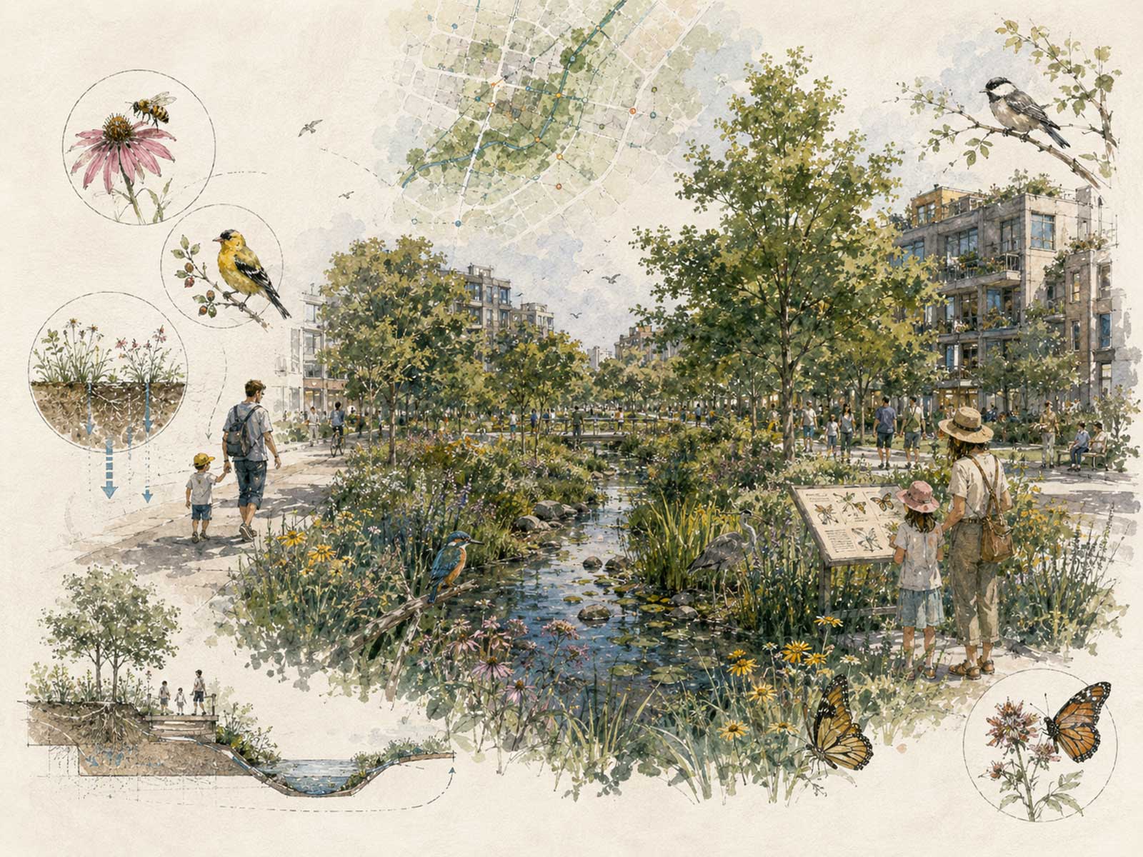 Watercolor of a revived city street where a daylit stream, rain gardens and street trees thread between mid-rise buildings, with songbirds, butterflies and a soil-infiltration cross-section labeled around the edges.