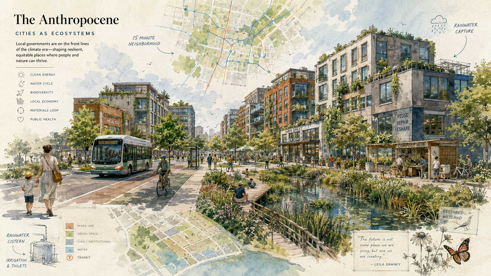 Watercolor illustration titled “The Anthropocene: Cities as Ecosystems,” showing a green, walkable neighborhood with transit, rooftop solar, rainwater capture, a restored wetland, a compost hub and a reuse-and-repair space.