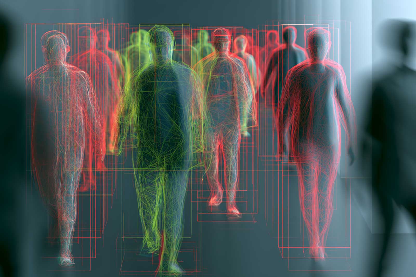 An anonymized skeletal pose-estimation overlay of a human figure on a monitor