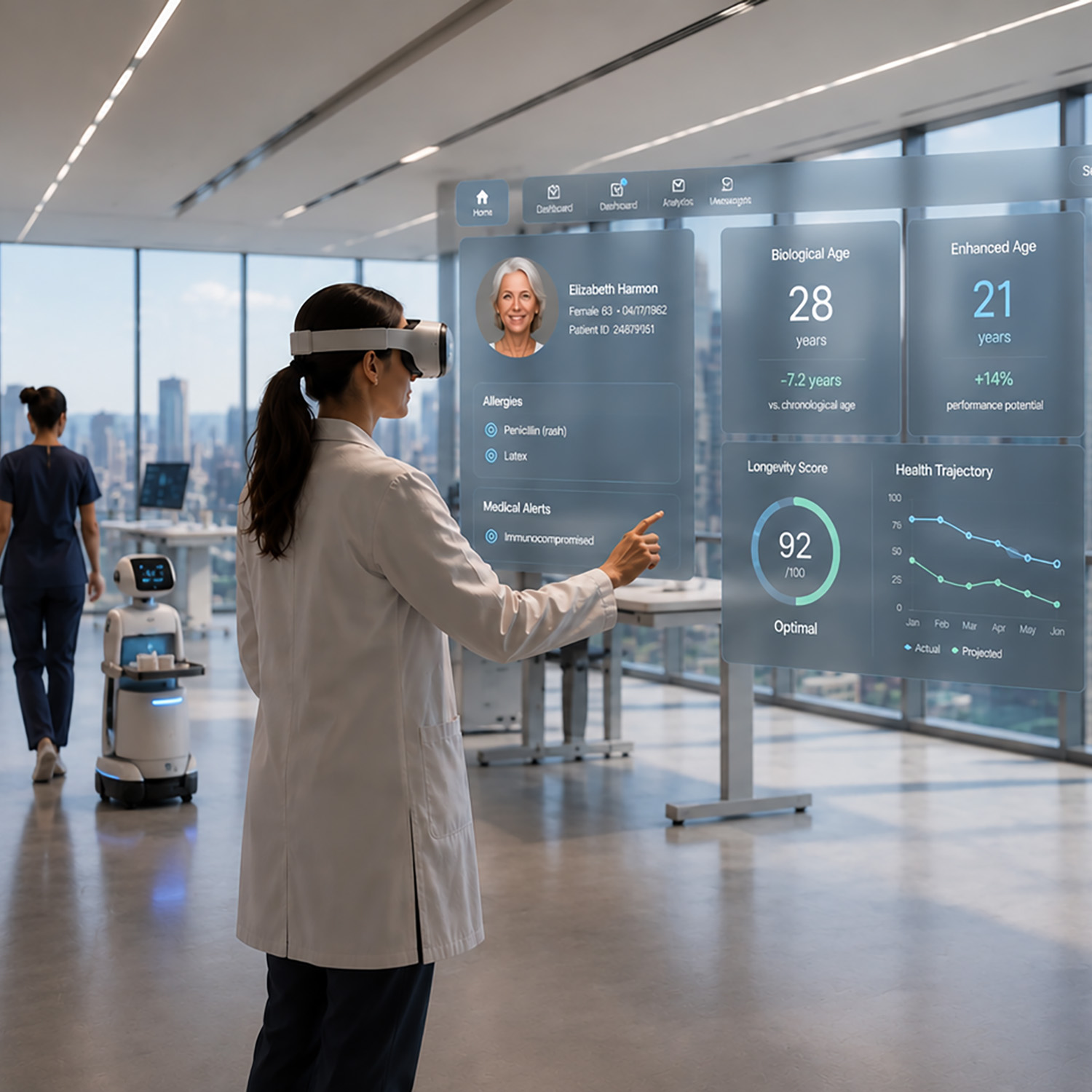 A clinician in an augmented-reality headset reviews a patient's longevity, biological age and health trajectory on floating holographic panels in a future clinical workspace.