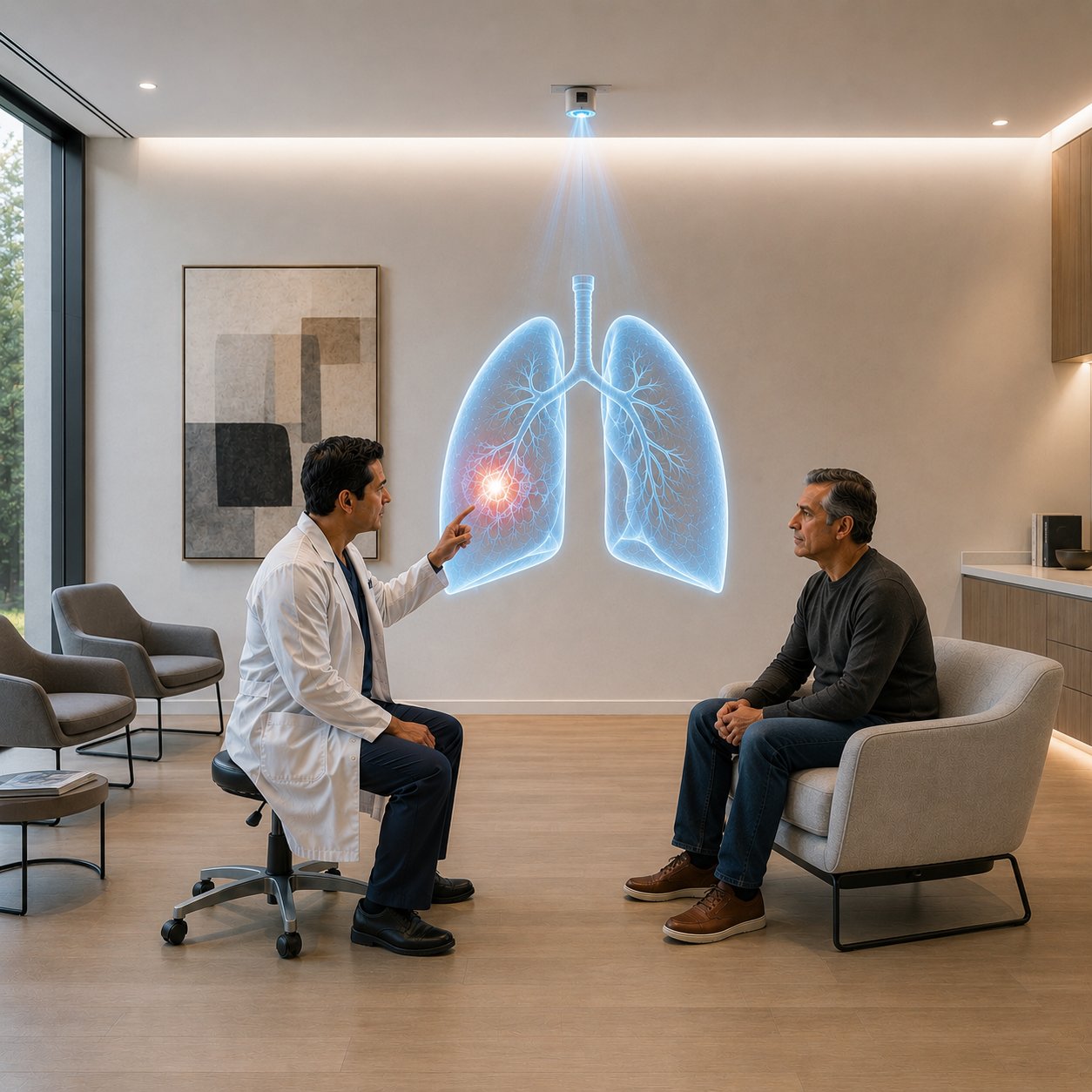 A clinician and patient sit together in a softly lit clinical consultation space; a hologram of lungs hovers between them, with a single tumor highlighted in warm light.