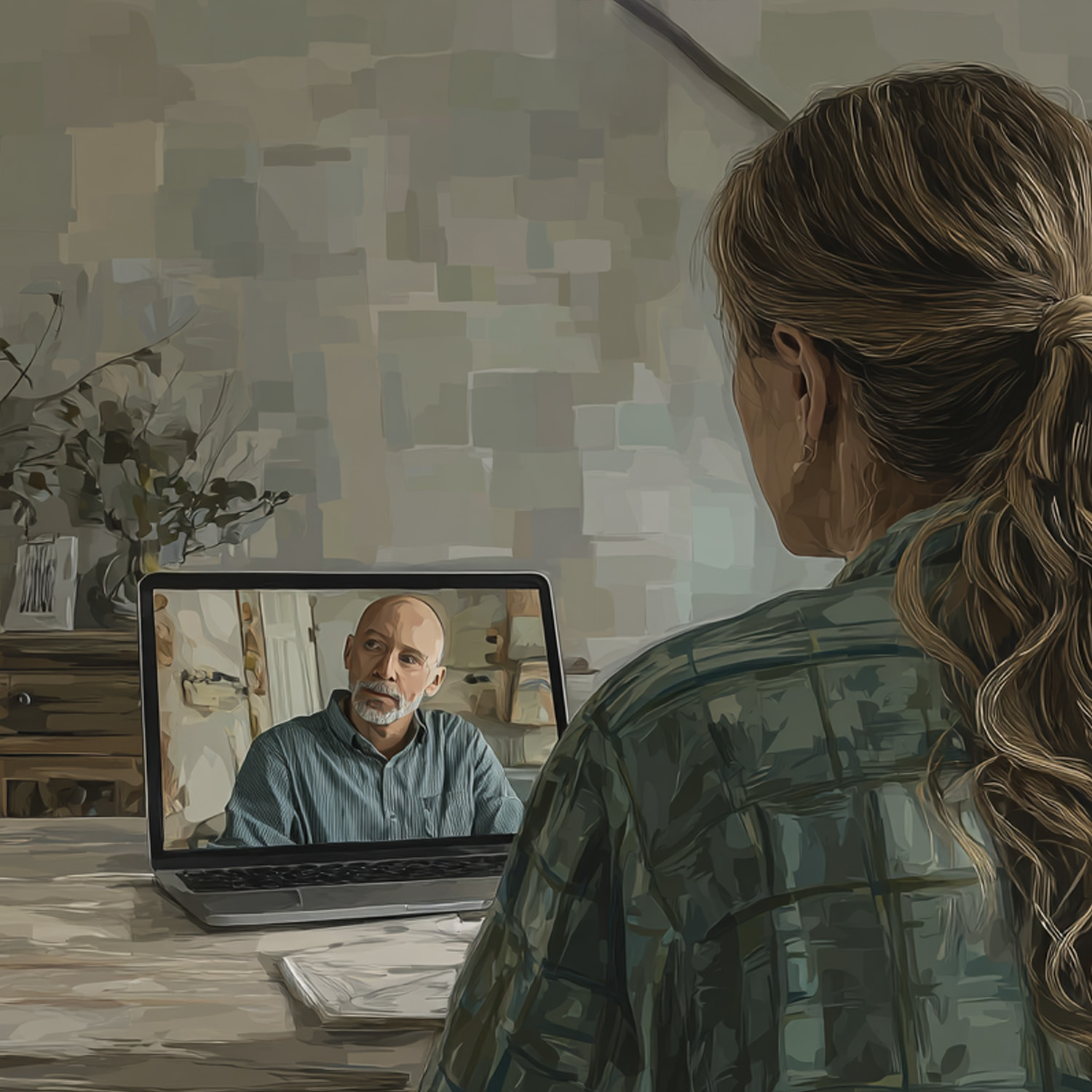 A patient at home in remote consultation with her clinician on a laptop — a painterly scene of care extending beyond the clinic walls, intimate even when mediated by technology.