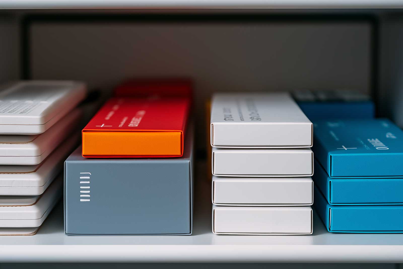 A row of at-home test kit boxes on a shelf