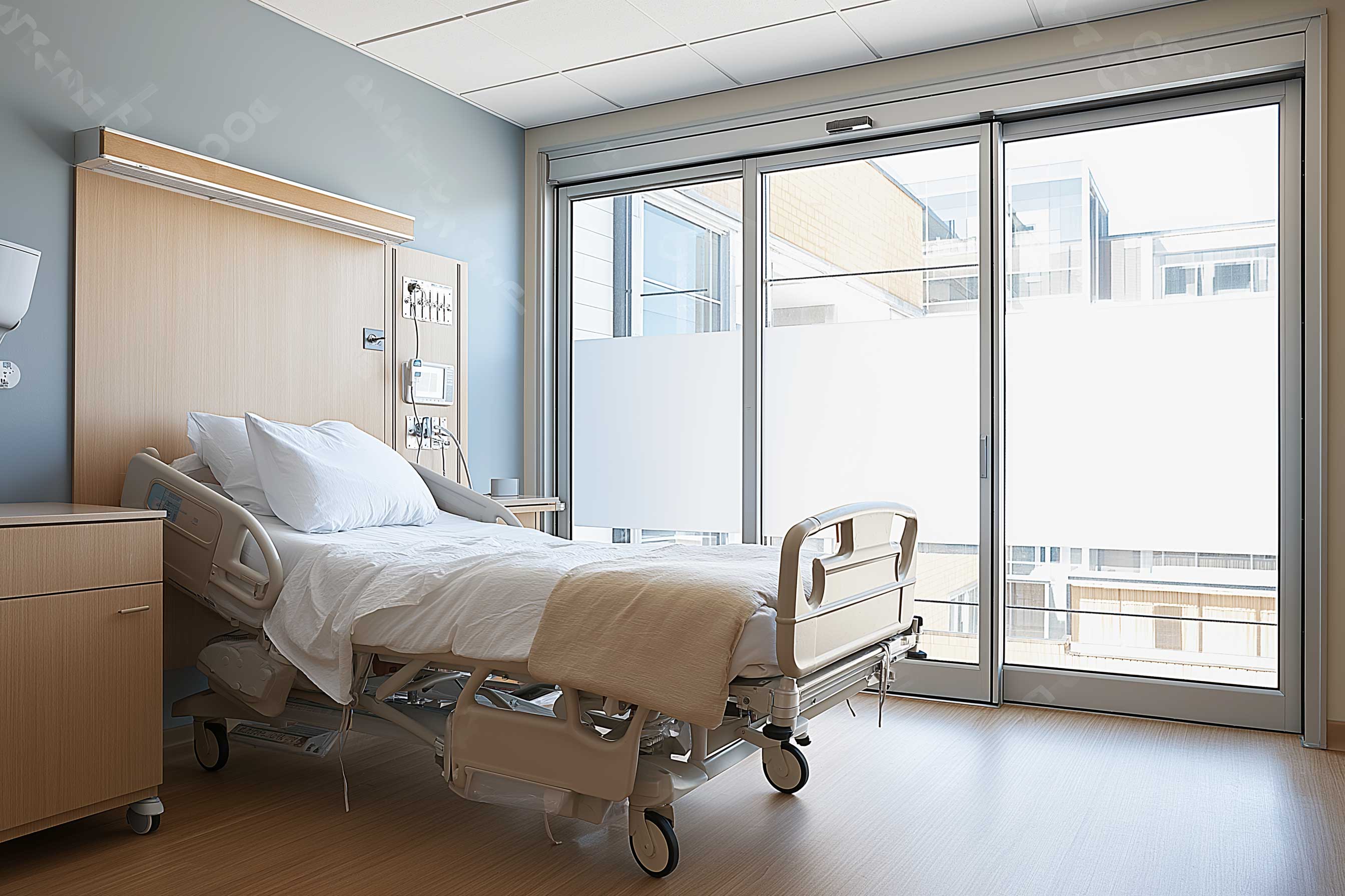 An empty, made hospital bed in a quiet ward