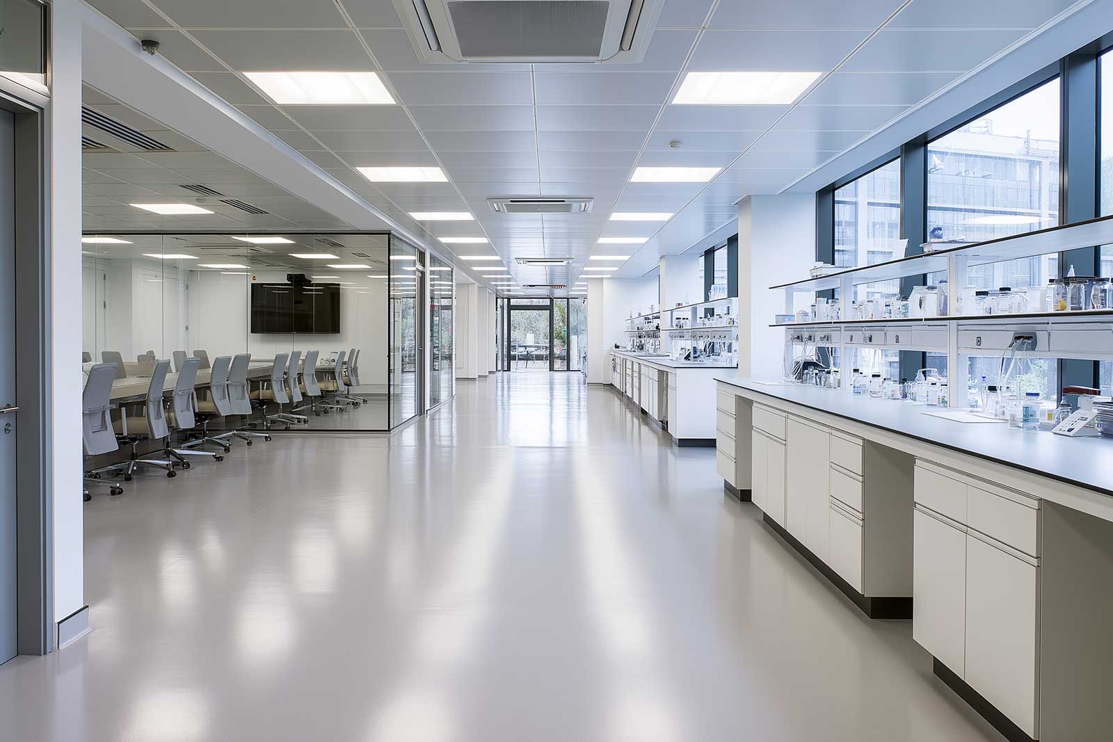 An empty modern biotech lab space set up but unoccupied