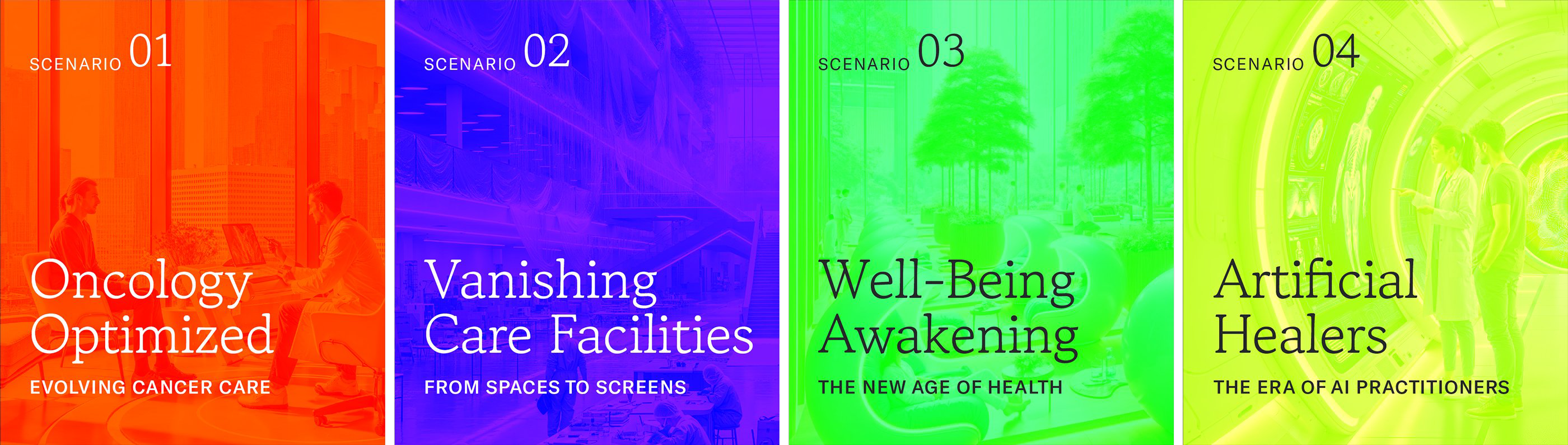 Four scenario panels — Oncology Optimized (Evolving Cancer Care), Vanishing Care Facilities (From Spaces to Screens), Well-Being Awakening (The New Age of Health) and Artificial Healers (The Era of AI Practitioners) — each rendered in a distinct hue.