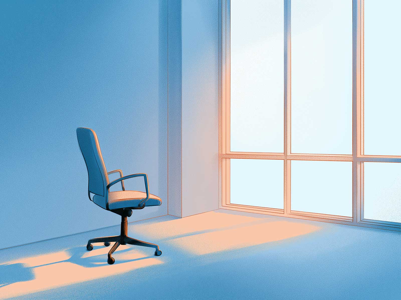 An empty chair turned toward a bright window, warm morning light.