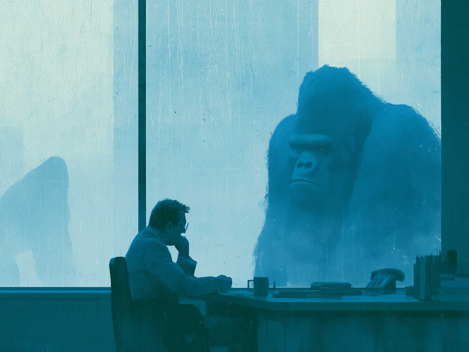 An executive at a window, composed and certain, while a gorilla stands in plain view outside.