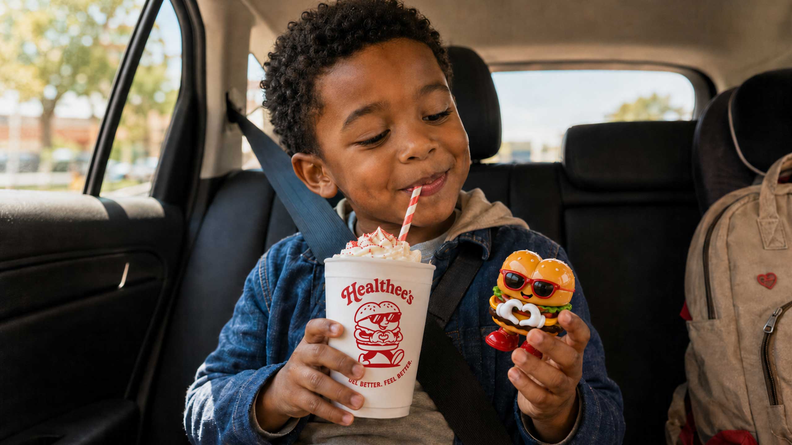 A child in the back seat with a Healthee’s milkshake and meal toy