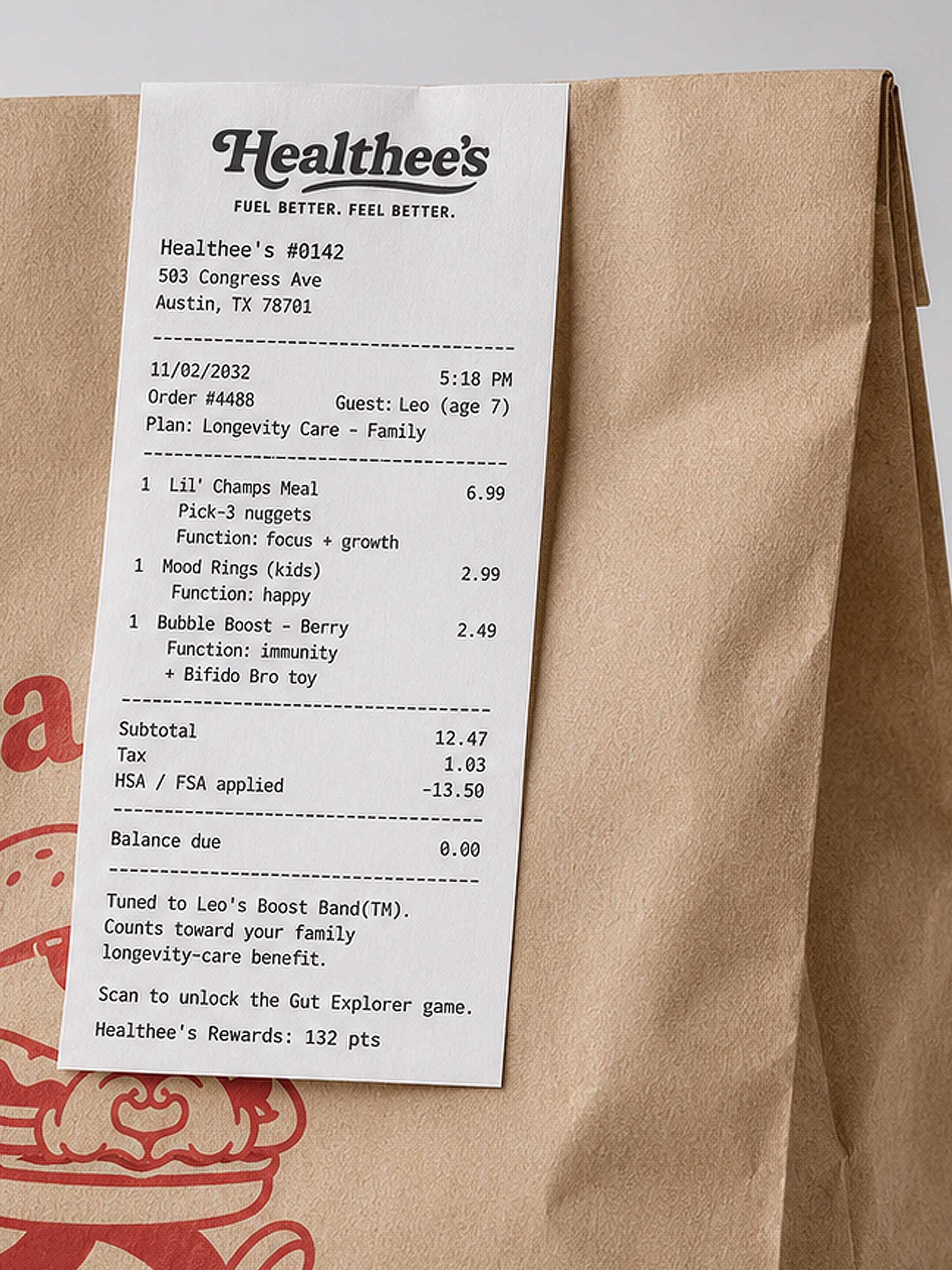 A personalized Healthee’s receipt on the takeout bag