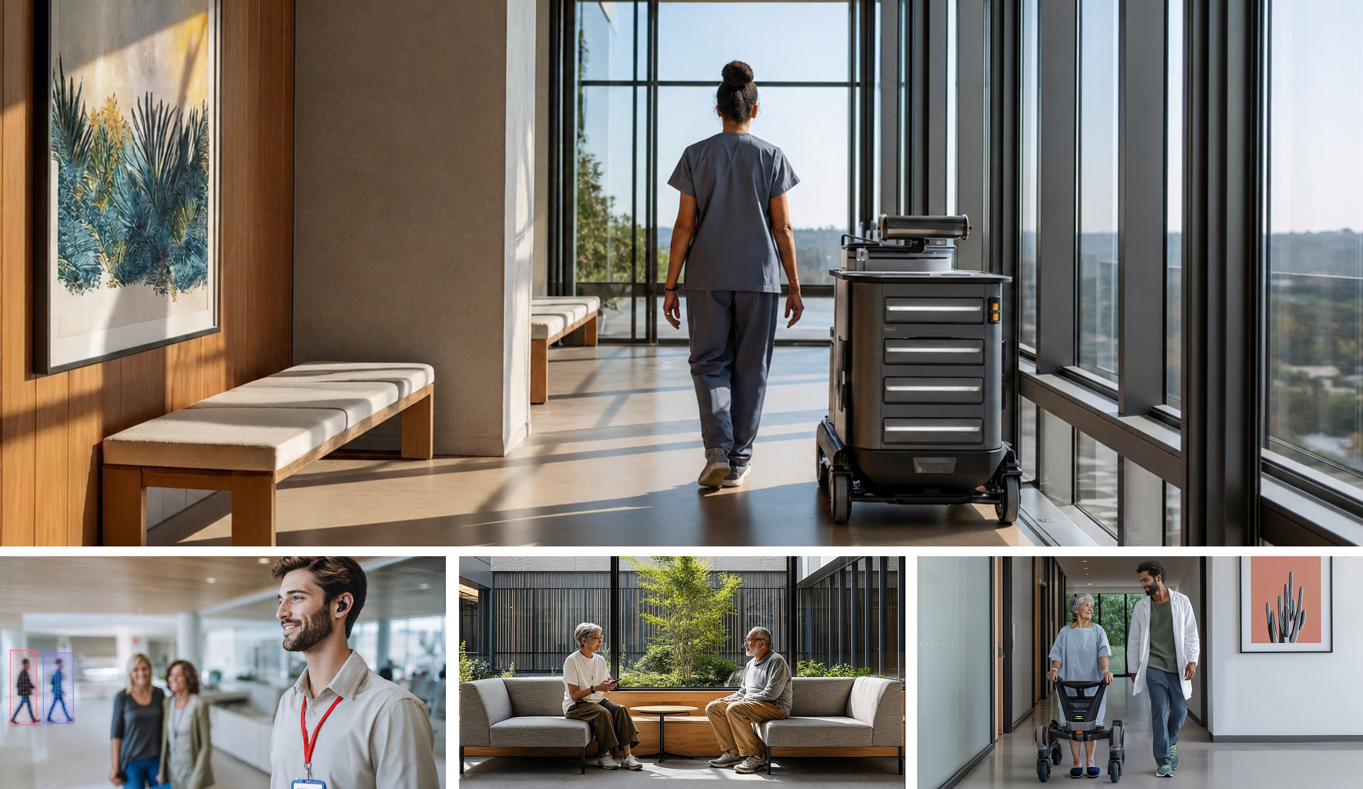 Editorial spread — exterior of an emerging academic medical campus with three smaller human-centered vignettes below.