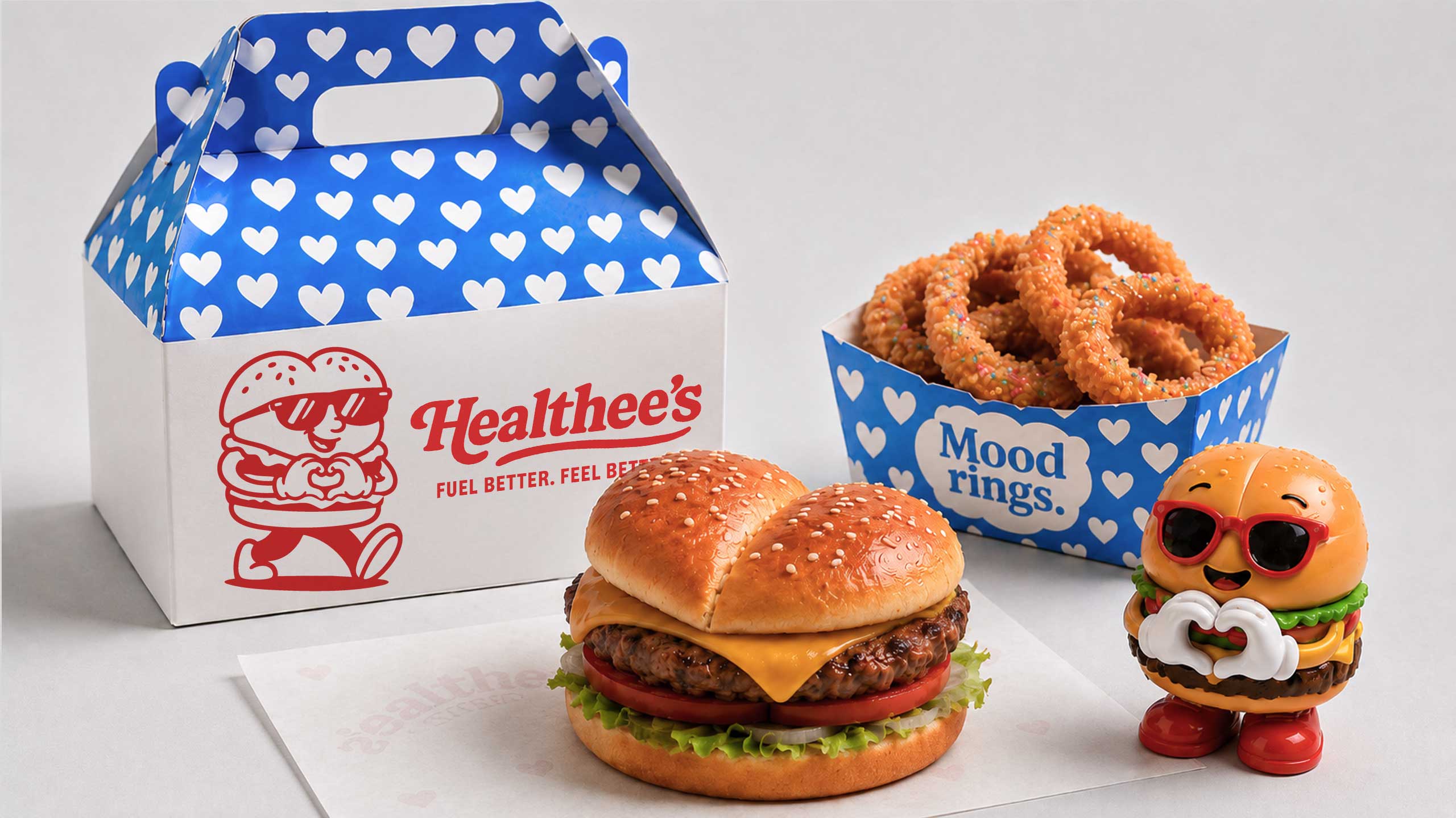 A Healthee’s kids meal with mood rings, a burger and a toy