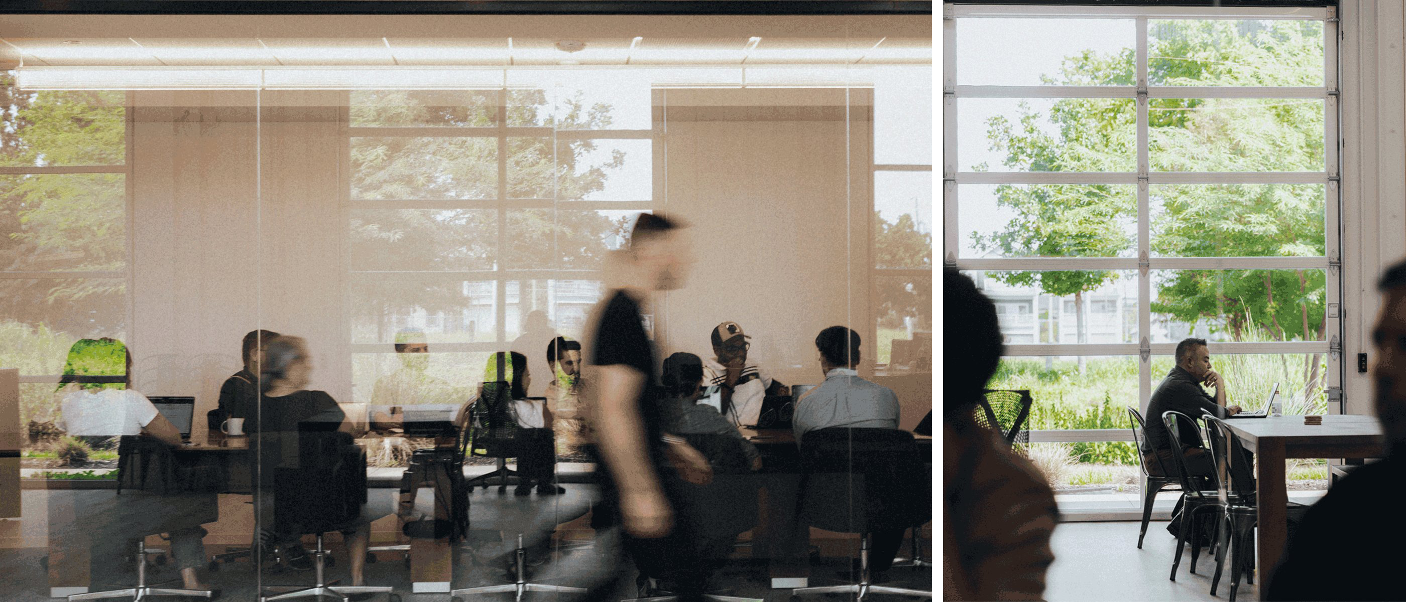 Editorial spread &mdash; a glass-walled workshop with a team mid-collaboration, paired with a quieter window-side moment of focused thinking.