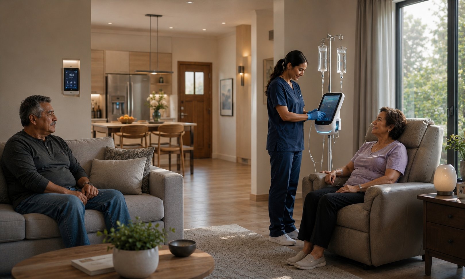 A clinician administers an infusion to an older patient inside her own living room while a family member sits nearby — a moment from a near future where complex cancer care has moved into the home.