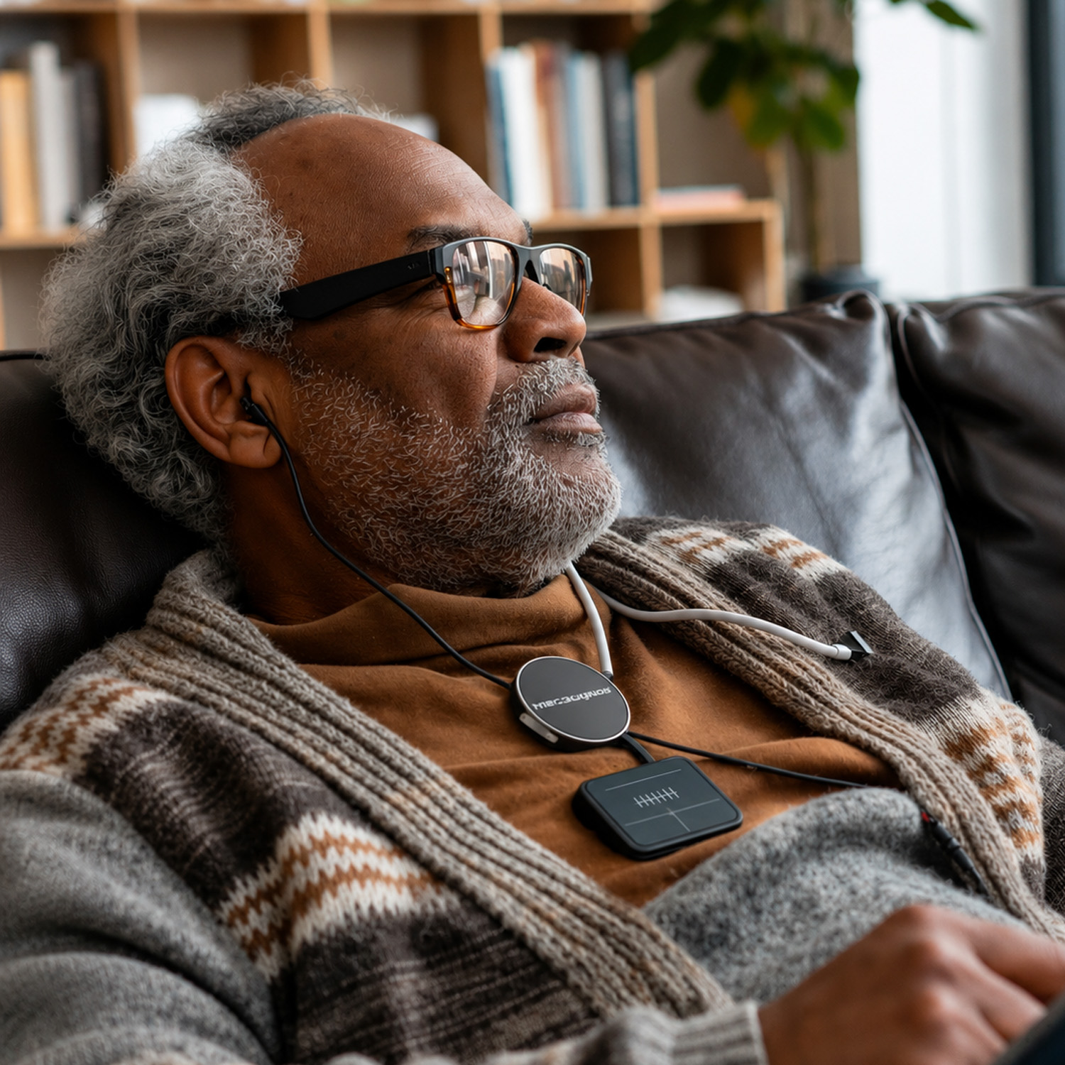 An older man at rest at home wearing smart glasses and a small chest-worn biosensor — care quietly integrated into everyday life.