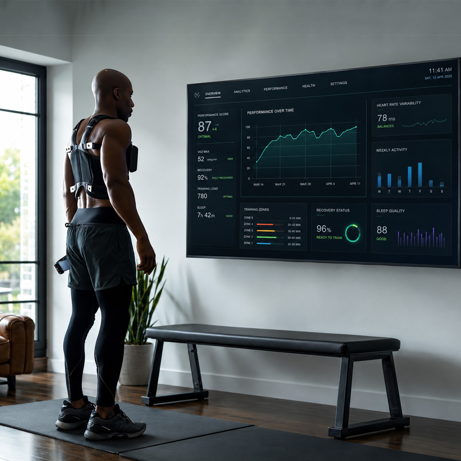A person reviewing a wall-mounted performance dashboard at home — physiological data flowing back as personal feedback in real time.