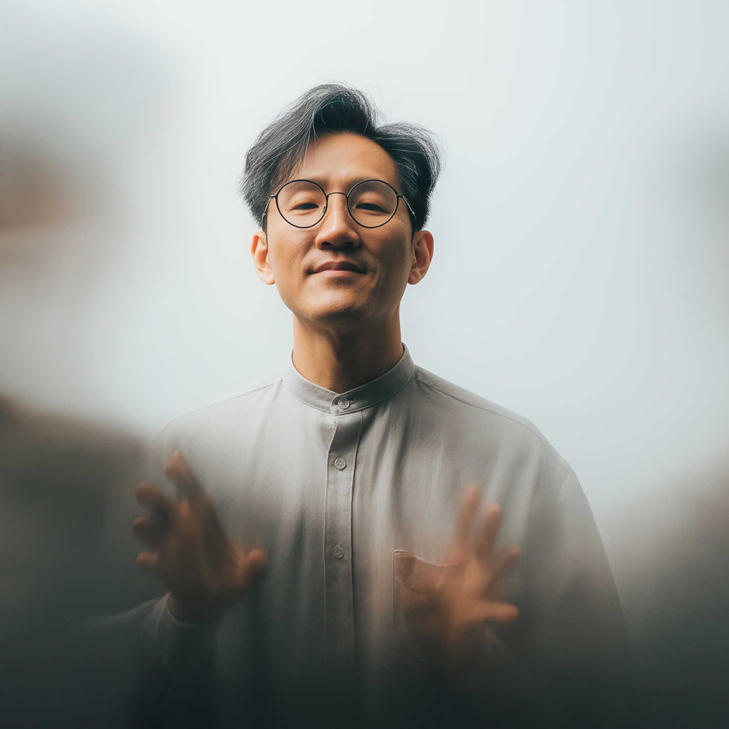 A leader stands in soft diffused light, hands raised in animated thought — the moment of sense-making during continuous change.