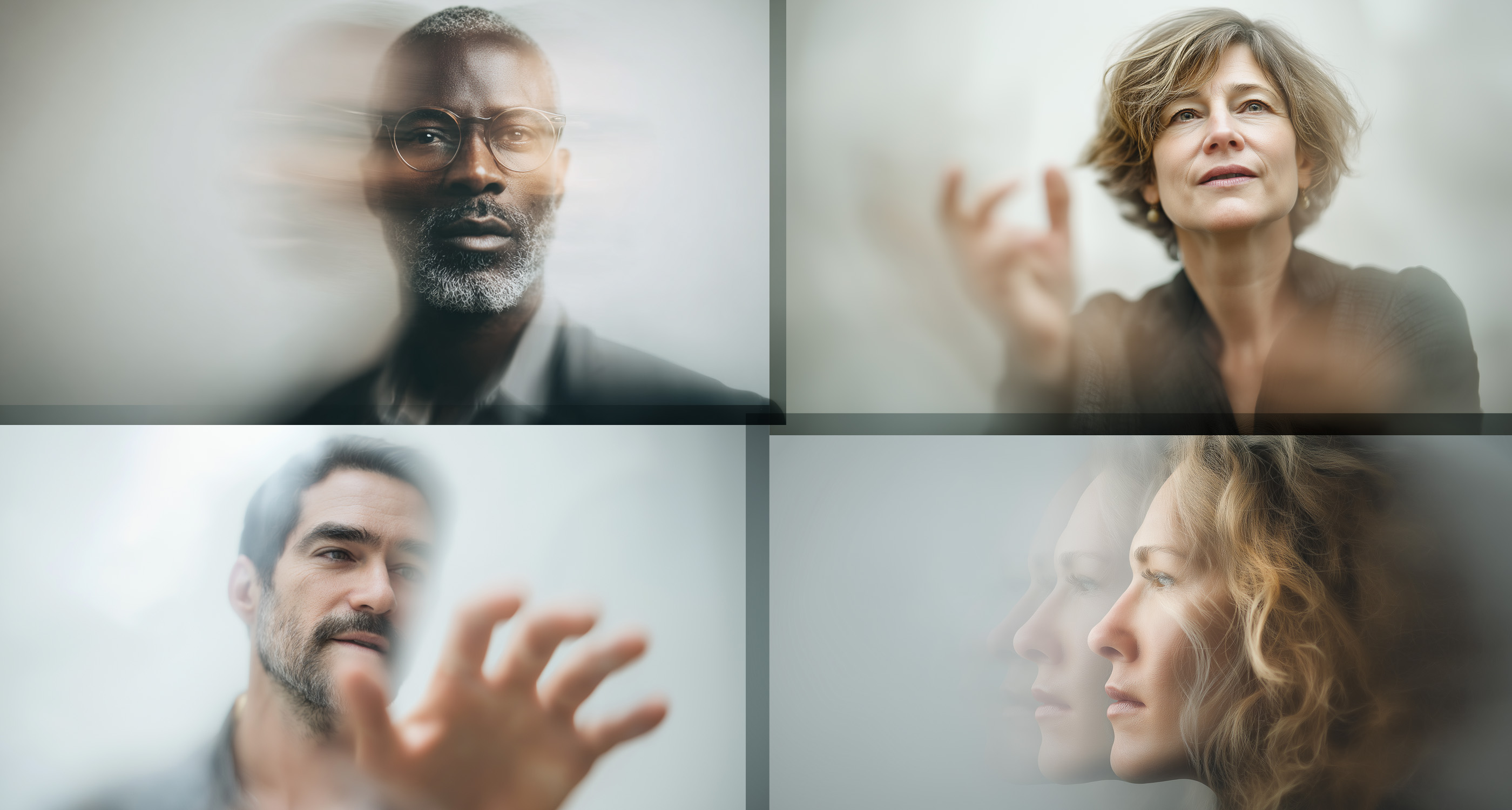 Editorial four-panel composition — leaders captured in moments of attention, reflection and dialogue, softly diffused through glass.