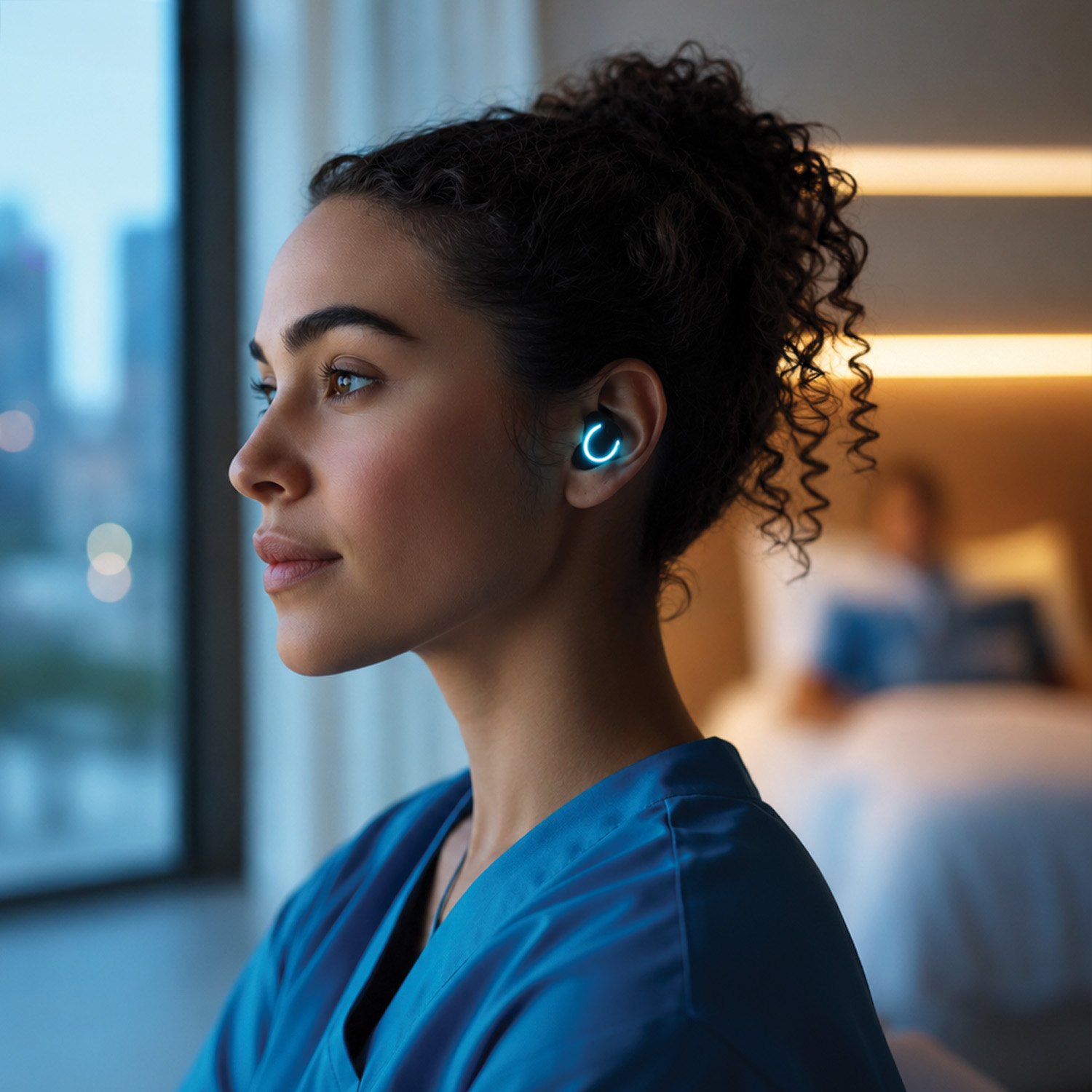 A nurse in scrubs, lit by warm interior light, wears a small earpiece glowing faintly blue — ambient intelligence supporting clinical work.