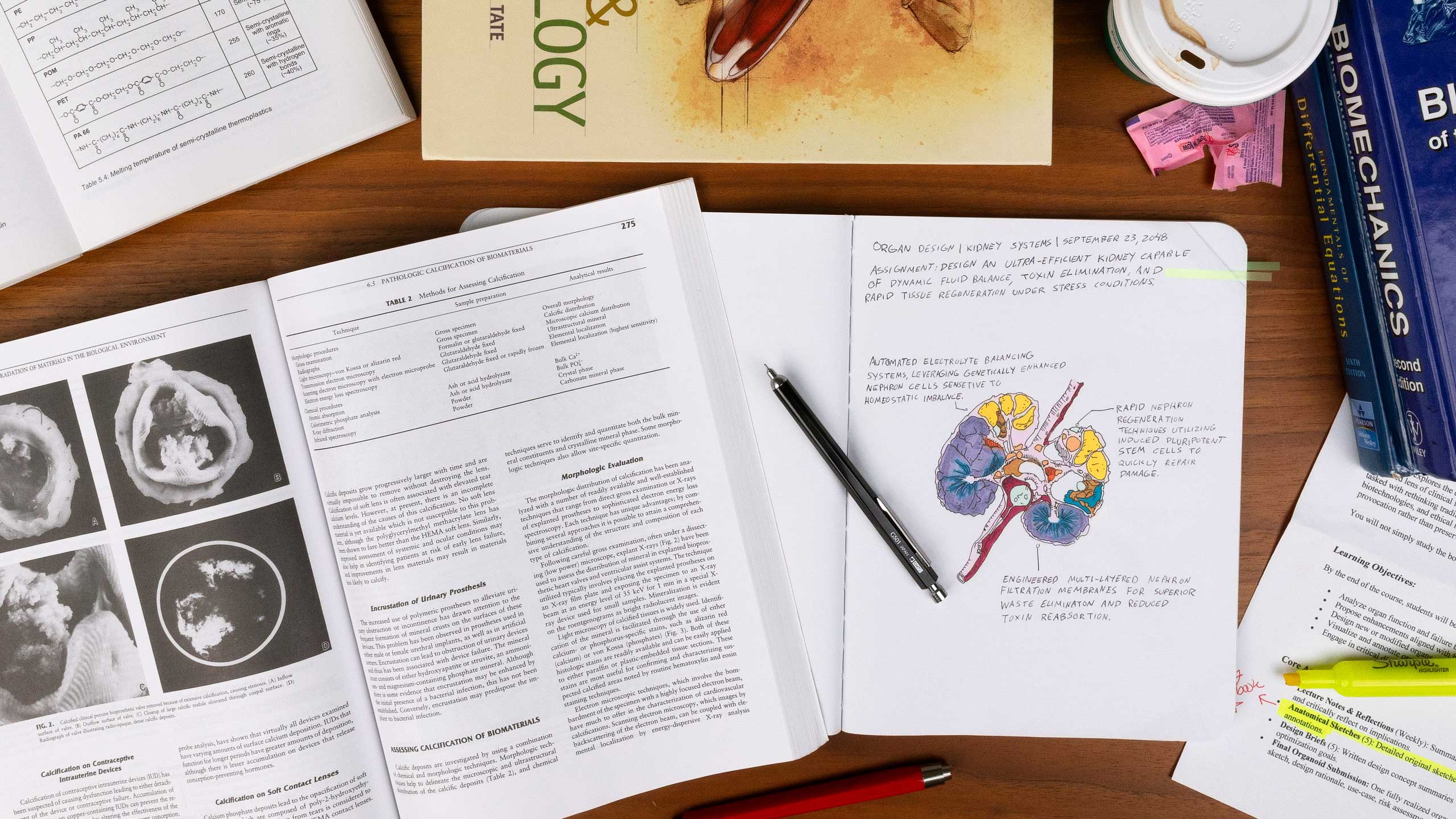 Overhead view of a student workspace with anatomy and physiology textbooks