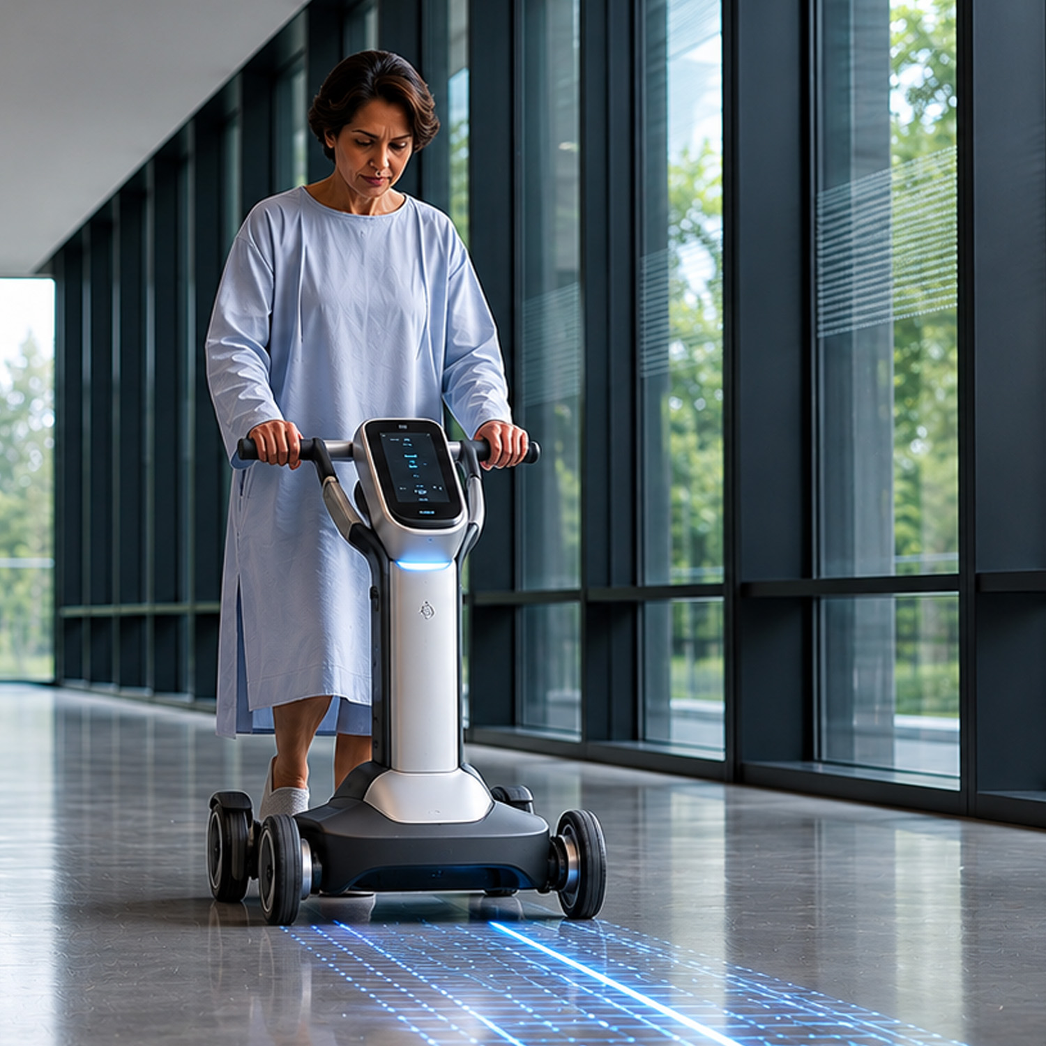 A patient walks with an intelligent mobility aid in a sunlit glass corridor; ambient guidance projects gently onto the floor ahead.