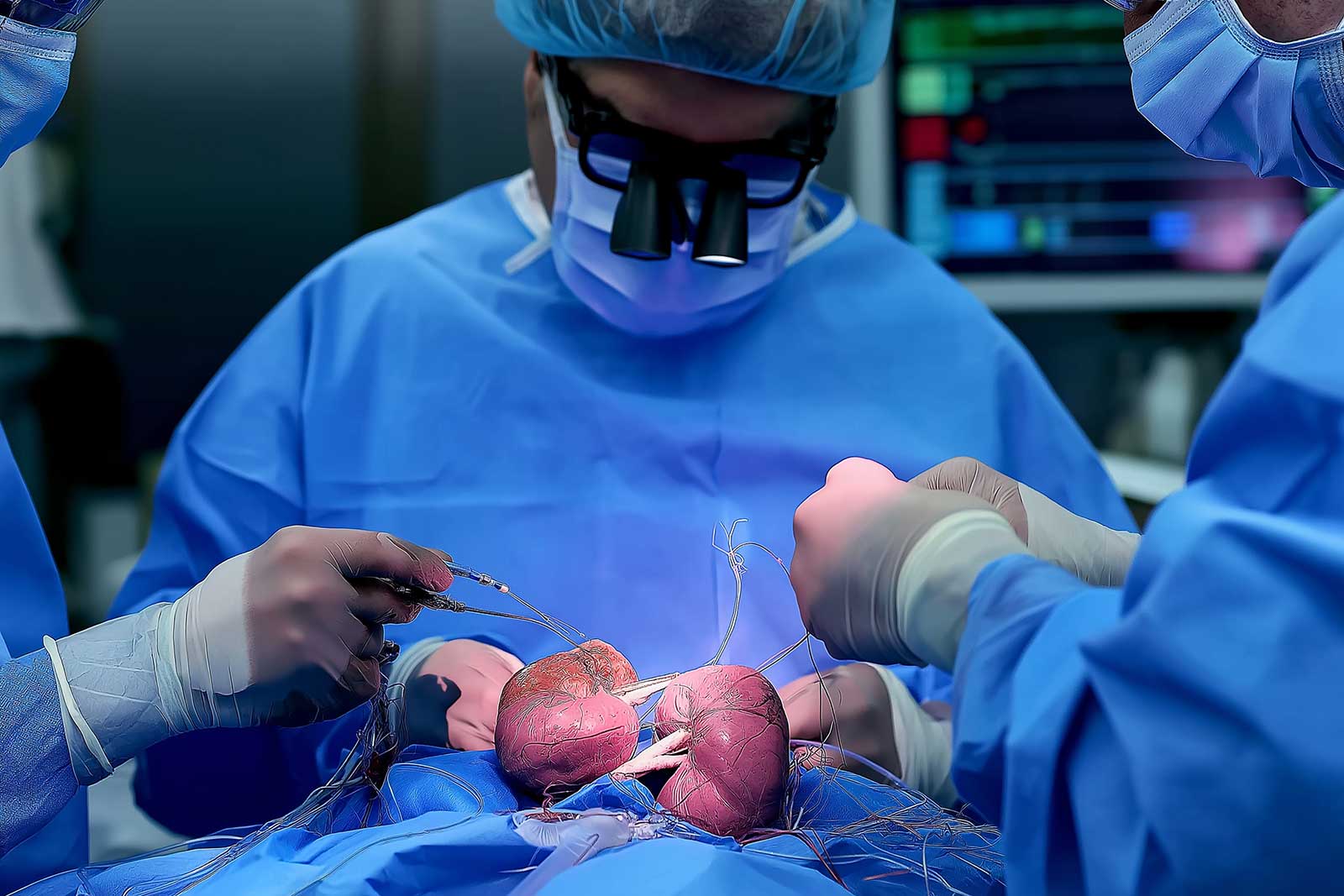 A surgical team preparing for a transplant procedure in a clinical operating room