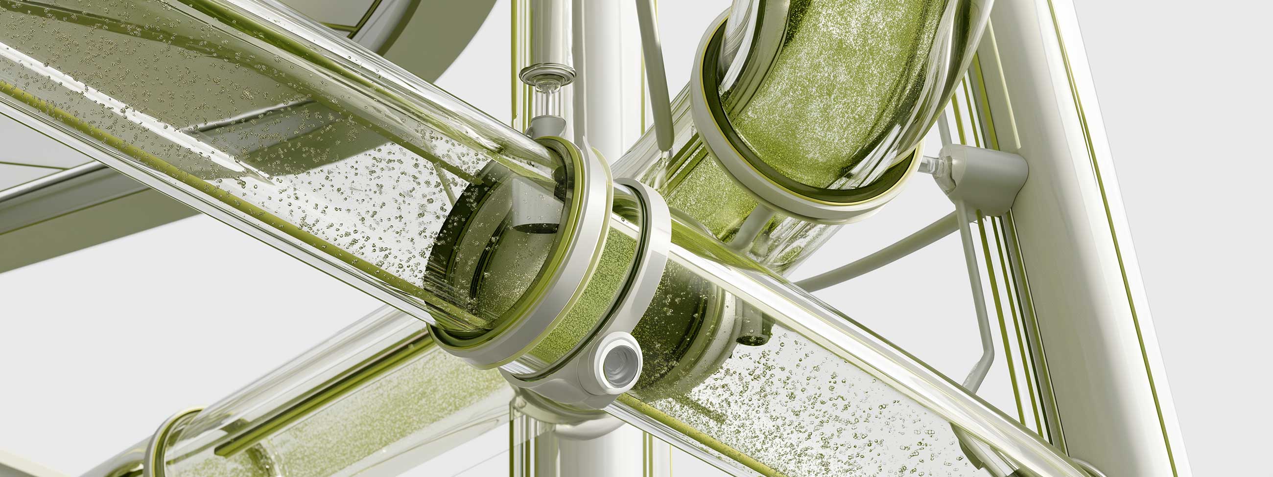 Illustration of a living air system &mdash; glass bioreactor tubes of cultivated algae converging in a structural frame