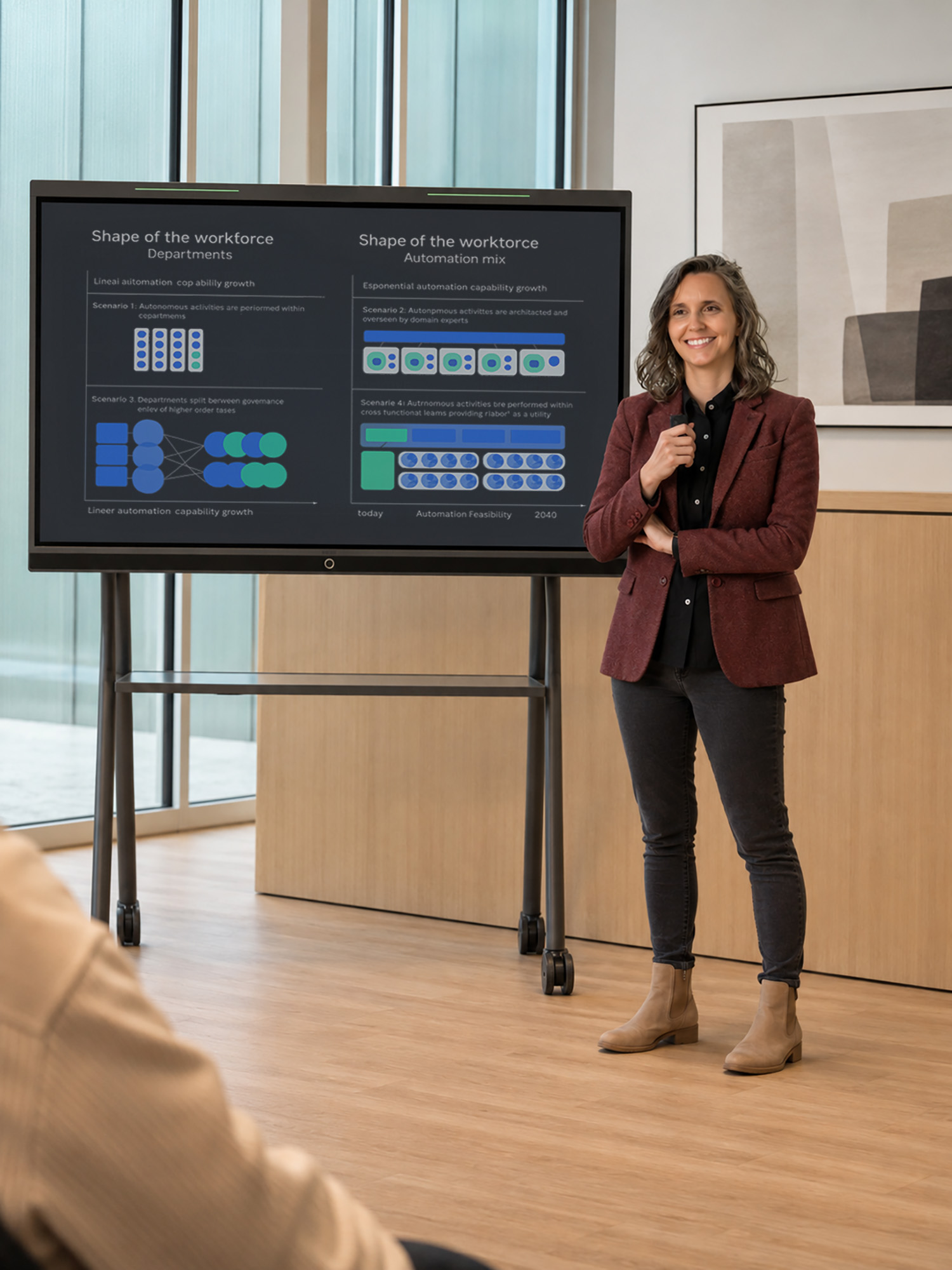 A presenter stands beside a large screen displaying workforce scenarios &mdash; &ldquo;Shape of the workforce&rdquo; diagrams showing department and automation-mix configurations &mdash; in a contemporary office meeting space.